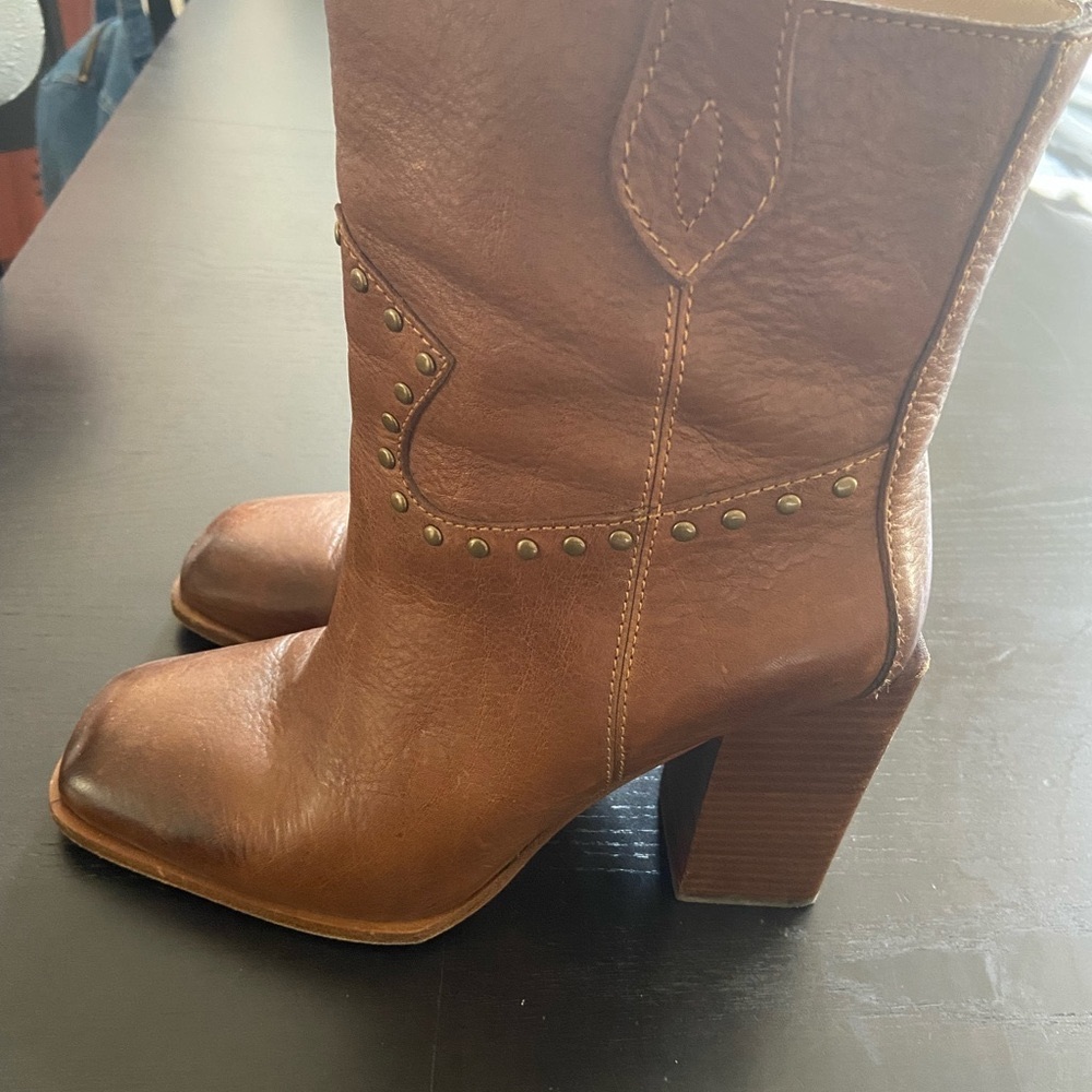 Paige Brown Leather High Heel Booties 7.5